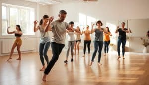 A spacious, sunlit studio with a hardwood floor. In the foreground, a group of individuals engage in a series of coordinated movements, their bodies in fluid motion. Hands and feet move in sync, eyes focused, minds attuned to the rhythm. Balanced poses, intricate footwork, and seamless transitions demonstrate the connection between physical and cognitive function. In the middle ground, a mirrored wall reflects the dynamic scene, amplifying the sense of coordination and control. The background features minimalist decor, allowing the subjects' movements to take center stage. Warm lighting and a serene atmosphere create a nurturing environment for this cognitive function exercise.
