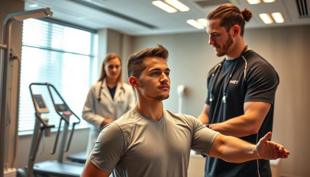 A sports medicine clinic nestled in a serene, modern interior. Warm, diffused lighting casts a calming glow, highlighting the expertise of the physiotherapists and athletic trainers as they guide an athlete through a personalized recovery regimen. Sleek, state-of-the-art equipment stands ready, while soothing colors and natural textures create an atmosphere of clinical excellence and holistic wellness. The athlete, face relaxed in focus, confidently performs exercises under the watchful eye of the care team, their collaborative effort steering a path towards peak performance and a triumphant return to the field.