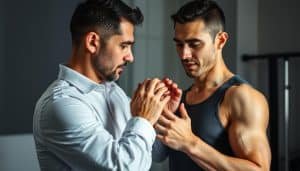 A sports therapist carefully assessing the joint function of a professional athlete, using advanced biomechanical analysis techniques. The athlete is positioned in a well-lit studio, the camera capturing a detailed close-up view of the examination process. The therapist's hands expertly manipulate the athlete's limbs, evaluating range of motion, stability, and potential areas of concern. The scene conveys a sense of focused professionalism, with the therapist's face in deep concentration and the athlete's expression one of trust and cooperation. The overall mood is one of a specialized, evidence-based approach to athlete rehabilitation and performance optimization.