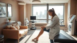 A sports therapist in a well-equipped clinic in downtown Calgary, Alberta, attentively examining a patient's injured knee. The warm, inviting interior features sleek modern furniture, natural lighting, and soothing earth-toned decor. Soft shadows cast by overhead lamps create a calming ambiance, while a large window in the background reveals the bustling city skyline. The therapist, clad in a crisp white lab coat, carefully manipulates the patient's leg, assessing the extent of the injury through a series of precise movements. An array of medical equipment, including diagnostic machines and rehabilitation tools, stands ready to aid in the therapy process. The scene conveys a sense of professionalism, expertise, and a patient-centric approach to sports injury treatment.