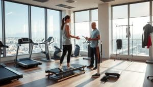 A sports therapy assessment taking place in a modern, well-equipped clinical setting. In the foreground, a patient is undergoing a detailed movement analysis, with a therapist carefully observing and taking notes. The middle ground showcases various diagnostic tools and equipment, such as a treadmill, balance platform, and resistance bands, all neatly arranged. The background depicts large windows overlooking a scenic urban landscape, bathed in soft, natural lighting that creates a calming, professional atmosphere. The overall scene conveys a sense of expertise, care, and a commitment to understanding the patient's unique physical needs.