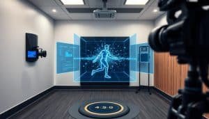 A sports therapy clinic, its walls adorned with advanced force analysis technology. In the foreground, a high-speed camera captures a patient's movements, analyzing the forces acting on their body in real-time. The middle ground showcases a sleek, holographic display, visualizing data points and pressure maps. In the background, a state-of-the-art force plate embedded in the floor measures the impact and distribution of forces. The lighting is soft and clinical, lending an air of professionalism and innovation to the scene. The overall atmosphere conveys the cutting-edge nature of this sports technology, harnessing the power of data and biomechanics to enhance athletic performance and recovery.