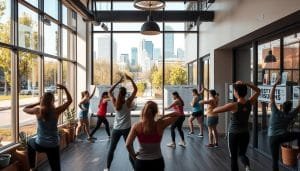 A sports therapy clinic nestled in the heart of Calgary, surrounded by vibrant parks and bustling sidewalks. In the foreground, a group of active individuals engage in various injury prevention exercises, their movements captured in dynamic poses - stretching, balancing, and strengthening. Soft, natural lighting filters through the windows, casting a warm glow on the scene. The middle ground features informative displays and educational materials, guiding visitors on effective strategies to maintain their athletic performance. In the background, the cityscape of Calgary stands tall, a testament to the active lifestyle embraced by its residents. The overall atmosphere conveys a sense of wellness, community, and a commitment to empowering Calgarians to stay healthy and injury-free.