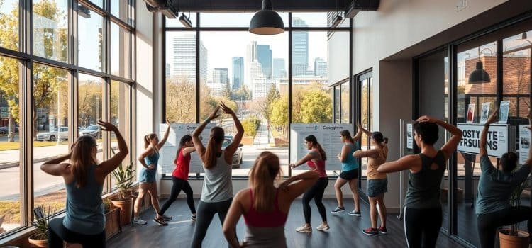 A sports therapy clinic nestled in the heart of Calgary, surrounded by vibrant parks and bustling sidewalks. In the foreground, a group of active individuals engage in various injury prevention exercises, their movements captured in dynamic poses - stretching, balancing, and strengthening. Soft, natural lighting filters through the windows, casting a warm glow on the scene. The middle ground features informative displays and educational materials, guiding visitors on effective strategies to maintain their athletic performance. In the background, the cityscape of Calgary stands tall, a testament to the active lifestyle embraced by its residents. The overall atmosphere conveys a sense of wellness, community, and a commitment to empowering Calgarians to stay healthy and injury-free.
