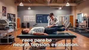A sports therapy clinic, with athletes undergoing neural tension evaluation. In the foreground, a patient lying on an examination table, while a physiotherapist performs tests on their limbs. In the middle ground, various medical equipment and diagrams illustrate the process. The background showcases an athletic training facility, with exercise equipment, posters, and motivational slogans. The lighting is warm and inviting, creating a sense of professionalism and care. The overall mood is one of collaboration and commitment to the well-being of the athletes. The prompt aims to capture the benefits of proper neural tension evaluation for athletes, emphasizing the importance of this assessment in sports therapy.