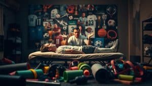 A sports therapy session in a dimly lit room, with a patient lying on a treatment table. In the foreground, an array of sports therapy equipment - foam rollers, resistance bands, and massage tools - are scattered haphazardly, conveying a sense of confusion and misconception. The middle ground features a sports therapist looking perplexed, their hands raised in a gesture of uncertainty, as they try to explain the benefits of their practice to the skeptical patient. In the background, a collage of sports-related imagery - jerseys, trophies, and equipment - is blurred, suggesting the disconnect between the patient's expectations and the true nature of sports therapy. The lighting is warm and moody, creating an atmosphere of introspection and contemplation.