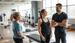 A sports therapy session in a well-lit, modern clinic. In the foreground, a physical therapist and athlete engage in a thoughtful discussion, their expressions focused and attentive. The therapist gestures with care, conveying important information. In the middle ground, various rehabilitation equipment and tools are neatly arranged, suggesting a collaborative, professional environment. The background features large windows, allowing natural light to flood the space and creating a sense of openness and transparency. The overall mood is one of trust, mutual understanding, and a shared commitment to the athlete's recovery and performance enhancement.