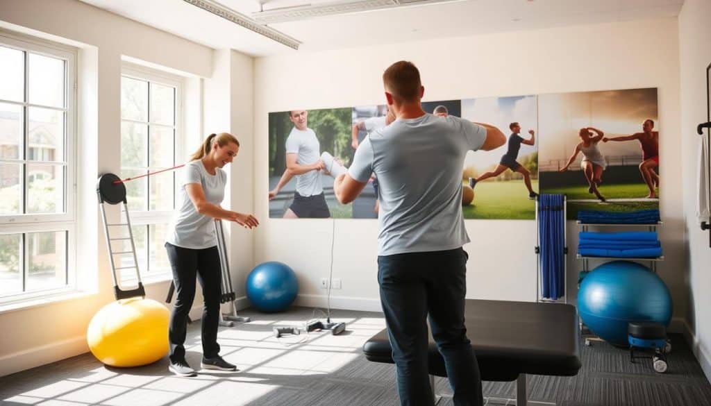 A sports therapy treatment room with natural lighting streaming through large windows. In the foreground, a physiotherapist guides a patient through a series of targeted exercises, their movements captured in dynamic poses. The middle ground features various sports therapy equipment, such as exercise balls, resistance bands, and massage tools, arranged neatly. The background showcases motivational sports imagery, highlighting the holistic approach to rehabilitation. The overall atmosphere is one of calm, professionalism, and a focus on the patient's well-being.