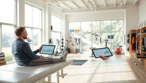 A sunlit, modern sports therapy clinic with airy, minimalist decor. In the foreground, a client is seated on an examination table, engaged with a physiotherapist reviewing a digital tablet displaying progress charts and goal trackers. The middle ground showcases a variety of exercise equipment and sports memorabilia, conveying an atmosphere of holistic wellness and performance optimization. The background features large windows overlooking a lush outdoor landscape, creating a sense of openness and tranquility. The lighting is natural and diffused, enhancing the calming, professional ambiance. The overall scene evokes a collaborative, goal-oriented sports therapy session focused on achieving targeted recovery and performance objectives.