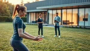 A tranquil outdoor scene depicting the holistic recovery process. In the foreground, a person in activewear performs gentle stretches and exercises on a lush green lawn, their face serene and focused. In the middle ground, a healthcare professional observes the session, taking notes. In the background, a state-of-the-art sports therapy facility stands, its clean lines and large windows reflecting the natural surroundings. The overall atmosphere is one of balance, harmony, and a comprehensive approach to rehabilitation, with warm, natural lighting and a sense of calm progress.