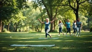 A tranquil outdoor scene showcasing various mobility improvement strategies. In the foreground, a person performs gentle stretches and exercises on a yoga mat. In the middle ground, another person uses a resistance band to work on muscle strengthening. In the background, a group engages in a low-impact walking activity, exploring a lush, verdant park setting. Soft, natural lighting filters through the trees, creating a serene, calming atmosphere. The overall composition conveys a sense of wellness, rehabilitation, and a holistic approach to enhancing physical mobility and well-being.