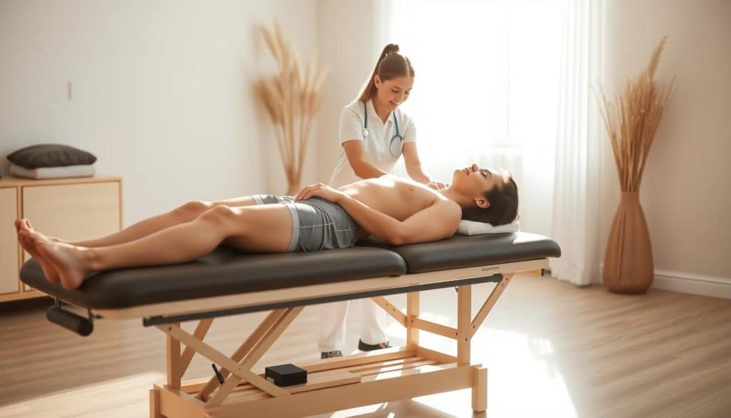 A tranquil sports therapy session, bathed in warm, natural lighting. In the foreground, a patient reclines on a padded treatment table, their body language conveying a sense of relaxation and relief. The middle ground features a physiotherapist carefully guiding the patient through gentle stretches and exercises, their movements fluid and purposeful. The background showcases a serene, minimalist space, with clean white walls and accents of earthy tones, creating a calming, therapeutic ambiance. The overall scene radiates a feeling of progress, healing, and the positive outcomes of a dedicated sports therapy regimen.