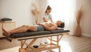 A tranquil sports therapy session, bathed in warm, natural lighting. In the foreground, a patient reclines on a padded treatment table, their body language conveying a sense of relaxation and relief. The middle ground features a physiotherapist carefully guiding the patient through gentle stretches and exercises, their movements fluid and purposeful. The background showcases a serene, minimalist space, with clean white walls and accents of earthy tones, creating a calming, therapeutic ambiance. The overall scene radiates a feeling of progress, healing, and the positive outcomes of a dedicated sports therapy regimen.