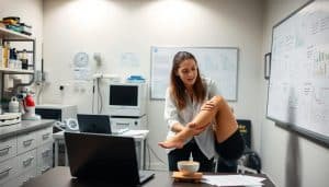 A vibrant, clinical laboratory setting with various medical equipment and charts on the walls. In the foreground, a physical therapist closely examining a patient's leg, their expressions focused and collaborative. The middle ground features a desk with a laptop, papers, and a cup of coffee, suggesting an ongoing study or analysis. The background showcases a whiteboard with sketches, diagrams, and statistical visualizations, indicating the depth of the research process. Soft, directional lighting illuminates the scene, creating a professional, research-oriented atmosphere.