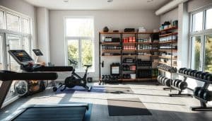 A well-equipped home gym, flooded with natural light from large windows. In the foreground, a treadmill, exercise bike, and yoga mat are neatly arranged. In the middle ground, a weight rack with barbells and dumbbells of various sizes. The background showcases floor-to-ceiling shelves stocked with sports supplements, recovery tools, and personalized training guides. The overall atmosphere is clean, modern, and inviting, conveying a sense of focused, holistic fitness.