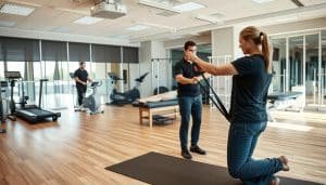A well-equipped sports therapy clinic with patients undergoing various physical therapy treatments. In the foreground, a physical therapist guides a patient through a series of dynamic stretches and exercises on a yoga mat, using a resistance band. In the middle ground, another patient lies on a treatment table as a therapist administers soft tissue massage. The background features modern, well-lit treatment rooms with state-of-the-art equipment such as treadmills, exercise bikes, and parallel bars. The overall atmosphere conveys a sense of professionalism, care, and a focus on personalized rehabilitation. Soft, natural lighting illuminates the scene, creating a calming and inviting ambiance.