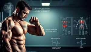 A well-lit, dynamic composition depicting the benefits of eccentric exercise. In the foreground, a muscular athlete executes a controlled, resistance-focused lowering phase of a bicep curl, the strain visible in their expression. In the middle ground, ghostly overlays illustrate the microscopic muscle fiber damage and increased time under tension characteristic of eccentric contractions. The background features a clean, minimalist environment, with subtle data visualizations and anatomical diagrams highlighting the physiological adaptations - increased muscle hypertrophy, tendon strength, and metabolic efficiency. The overall mood is one of clinical precision and scientific insight, inviting the viewer to understand the mechanisms behind eccentric training's unique advantages.