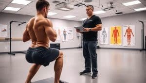 A well-lit functional movement analysis studio with bright, diffused lighting. In the foreground, a person performing a squat exercise, their body carefully aligned and muscles engaged. In the middle ground, a physical therapist observing and analyzing the movement patterns, taking notes on a tablet. The background features exercise equipment, posters outlining human anatomy and movement principles. The overall atmosphere is one of clinical precision, with a focus on understanding and optimizing human movement.