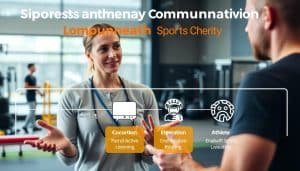 A well-lit, high-resolution image depicting the core components of an effective sports therapy communication framework. In the foreground, a sports therapist gestures expressively while conversing with an athlete. The therapist's face conveys empathy and active listening. In the middle ground, a series of simplified icons representing communication skills such as active listening, clear articulation, and emotional intelligence. In the background, a blurred, serene sports environment with equipment and facilities, suggesting the practical application of these skills. The overall mood is one of professionalism, collaboration, and the importance of effective communication in sports therapy.