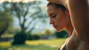 A well-lit, high-resolution image of a focused athlete engaged in active recovery, with a serene, tranquil background. In the foreground, the athlete performs light stretching or gentle yoga poses, their facial expression calm and attentive. The middle ground features a peaceful outdoor setting, such as a lush, verdant park or garden, with soft, diffused natural lighting. In the background, a blurred, atmospheric landscape, perhaps with mountains or a body of water, conveys a sense of harmony and restoration. The overall mood is one of mindfulness, rejuvenation, and the importance of active recovery for peak athletic performance.