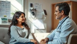 A well-lit medical consultation room, with a healthcare professional sitting across from a patient on a comfortable sofa. The patient's face is attentive, the professional's expression is calm and reassuring. In the background, medical charts and equipment suggest a comprehensive approach to patient care. The lighting is soft and natural, creating a soothing atmosphere. The scene conveys a sense of trust, empathy, and a collaborative process between the healthcare provider and the patient.
