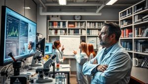 A well-lit, modern research laboratory with various scientific equipment and instruments, including microscopes, test tubes, and computer monitors. In the foreground, a researcher in a white lab coat is carefully analyzing data displayed on a large screen, their expression pensive and focused. The middle ground features a team of researchers engaged in lively discussion, gesturing towards charts and graphs on a whiteboard. In the background, shelves filled with medical journals and technical manuals, conveying the academic and scholarly nature of the scene. The overall atmosphere is one of intellectual rigor and scientific inquiry, reflecting the deep dive into sports therapy research interpretation.