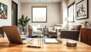 A well-lit office interior with a comfortable patient consultation area. In the foreground, a wooden desk with a laptop, notepad, and pen. A glass of water sits beside them. In the middle ground, two plush armchairs facing each other, positioned for an intimate discussion. Soft, natural lighting filters through large windows, creating a warm, inviting atmosphere. The background features neutral-toned walls adorned with sports-themed artwork, hinting at the specialized nature of the practice. The overall scene conveys a sense of professionalism, care, and open communication between the healthcare provider and the patient.