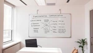 A well-lit office interior with a desk, chair, and a large whiteboard on the wall. On the whiteboard, a diagram illustrates the key elements of effective communication: active listening, clear expression, empathy, and feedback. The room has a warm, professional atmosphere, with soft lighting and neutral colors. The image conveys a sense of collaboration and mutual understanding, highlighting the importance of open and transparent communication in managing expectations.