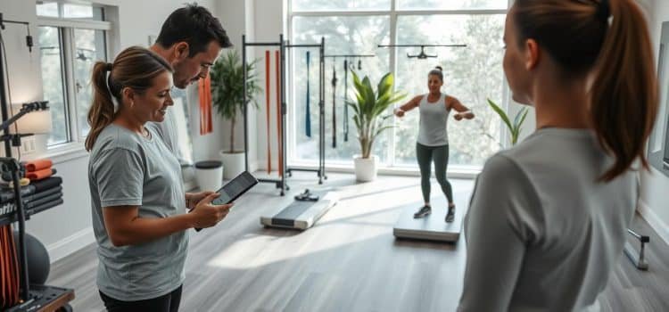 A well-lit sports therapy clinic interior, with a patient undergoing a comprehensive movement screening assessment. In the foreground, a physical therapist closely observing the patient's movements, taking notes on a tablet. The middle ground features a variety of specialized equipment, including resistance bands, balance boards, and motion capture cameras, all arranged in a clean, organized manner. The background showcases a serene, calming atmosphere with natural lighting streaming in through large windows, complemented by soothing plant life. The overall scene conveys a sense of professionalism, attention to detail, and a focus on injury prevention through thorough assessment and monitoring of the patient's movement patterns.