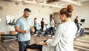 A well-lit sports therapy clinic, with a team of experts demonstrating common rehabilitation techniques. In the foreground, a physical therapist guides a patient through gentle stretches and muscle activation exercises, using props like resistance bands and stability balls. In the middle ground, another therapist applies manual therapy techniques like soft tissue massage and joint mobilization. In the background, patients engage in low-impact exercises on treadmills and stationary bikes, all under the watchful eye of the skilled staff. The atmosphere is serene, with calming neutral tones and natural lighting accentuating the clinic's modern, welcoming aesthetic.