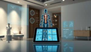 An interactive patient education resource displaying informative diagrams, 3D models, and step-by-step illustrations on a sleek, minimalist digital interface. The foreground features a holographic projection of a human anatomy, with detailed overlays highlighting key muscle groups and injury points. The middle ground showcases a touch-enabled tablet displaying interactive guides on rehabilitation exercises and sports injury prevention. The background depicts a serene, modern medical clinic setting with soft, diffused lighting and clean, geometric lines. The overall atmosphere is one of informative clarity, empowering patients to take an active role in their sports therapy recovery and preventative care.