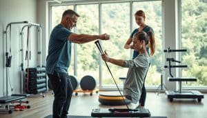 An intricate scene of personalized rehabilitation exercises in a modern, well-equipped physical therapy clinic. In the foreground, a patient diligently performs a series of targeted movements under the attentive guidance of a sports therapist, their expressions conveying focus and determination. The middle ground features various rehabilitation equipment, from resistance bands to balance boards, strategically placed to aid the patient's recovery. The background showcases a serene, sun-drenched environment, with large windows overlooking a lush, verdant landscape, creating a calming, therapeutic atmosphere. The lighting is soft and diffused, accentuating the warm, inviting ambiance of the space. The overall composition aims to inspire a sense of hope, progress, and the collaborative nature of the rehabilitation process.