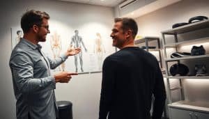 Debunking sports therapy myths: A well-lit medical office with sleek, minimalist decor. In the foreground, a physiotherapist gestures to anatomical diagrams on the wall, explaining evidence-based treatments. The middle ground features a patient undergoing a hands-on assessment, their face reflecting a sense of trust and understanding. In the background, shelves showcase the latest sports recovery equipment, casting a soft glow. The overall atmosphere conveys professionalism, expertise, and a commitment to personalized, science-driven rehabilitation.
