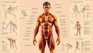 Detailed anatomical illustration of the human muscular system, emphasizing major muscle groups and their relationships. Mid-ground features a male athlete in a dynamic pose, with musculature clearly visible. Surrounding the athlete, labeled diagrams and callouts highlight key muscle structures, fiber attachments, and their functions. Warm, directional lighting illuminates the scene, casting subtle shadows to accentuate form. The composition is balanced, with a clean, clinical aesthetic suitable for an educational resource. The overall mood is one of informative clarity, inviting the viewer to explore the intricacies of the athletic physique.