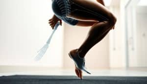 Detailed biomechanical analysis of a muscular athlete in mid-motion, showcasing the dynamic principles of force absorption. High-contrast, clean-lined sports medicine illustration with a crisp, clinical aesthetic. Foreground depicts the lower body in profile, capturing the compression and deceleration of landing from a jump. Middle ground features a semi-transparent skeletal overlay, highlighting joint articulation and load transfer. Background blurs into a minimalist, sterile laboratory setting, emphasizing the scientific nature of the subject. Warm, natural lighting casts strategic shadows to accentuate muscle definition and joint mechanics. Precisely composed using a medium camera angle to convey authority and technical understanding.