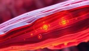 Detailed cross-section of muscle tissue remodeling process, tracking cellular changes over time. Vivid, high-resolution microscopic view showcasing the dynamic interplay of muscle fibers, satellite cells, and extracellular matrix. Warm, vibrant color palette with strong contrast, emphasizing the energy and vitality of the adaptation process. Precise, technical rendering of the underlying biological mechanisms, capturing the intricate structural transformations. Dramatic lighting from multiple angles highlights the three-dimensional complexity. Crisp, focused foreground with hazy, atmospheric background, guiding the viewer's attention to the core processes. Overall, a visually striking and informative depiction of muscle tissue remodeling for athletic performance enhancement.