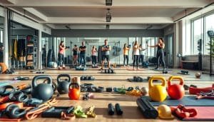 Prompt A vibrant and dynamic scene depicting the concept of "Customized Training Strategies". The foreground showcases a diverse range of exercise equipment and tools, including resistance bands, kettlebells, balance boards, and yoga mats, all arranged in a visually appealing and organized manner. In the middle ground, a group of people engaged in various fitness activities, each performing exercises tailored to their individual needs and abilities, highlighted by the presence of a personal trainer guiding them. The background features a modern, well-equipped gym or training facility, with clean lines, natural lighting, and a minimalist, yet sophisticated decor, conveying a sense of professionalism and attention to detail. The overall mood is one of energy, progression, and a personalized approach to fitness and rehabilitation.
