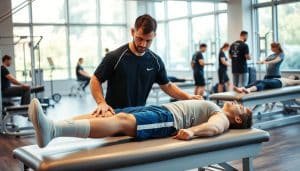 a sports rehabilitation clinic with athletes undergoing various treatments, including physical therapy, massage, and exercise. the foreground features a young male athlete lying on a treatment table, his leg wrapped in bandages, being assisted by a physical therapist. the middle ground shows other athletes working with trainers on exercise equipment and receiving massage therapy. the background depicts a modern, well-equipped clinic with large windows, natural lighting, and a calming atmosphere. the lighting is warm and diffused, creating a sense of comfort and care. the overall scene conveys the collaborative and therapeutic nature of sports rehabilitation.