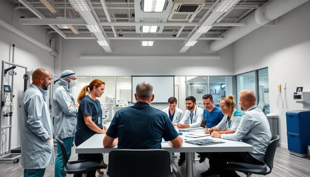 a sports therapy clinic with a team of physiotherapists and athletic trainers discussing treatment plans and rehabilitation strategies for injured athletes, the clinic's interior is filled with modern equipment and diagnostic tools, the therapists are wearing scrubs and lab coats, they are gathered around a large table in a well-lit conference room, the atmosphere is focused and professional, the lighting is bright and evenly distributed, the camera angle is slightly elevated to capture the whole scene, the overall mood is one of collaboration and medical expertise