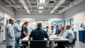 a sports therapy clinic with a team of physiotherapists and athletic trainers discussing treatment plans and rehabilitation strategies for injured athletes, the clinic's interior is filled with modern equipment and diagnostic tools, the therapists are wearing scrubs and lab coats, they are gathered around a large table in a well-lit conference room, the atmosphere is focused and professional, the lighting is bright and evenly distributed, the camera angle is slightly elevated to capture the whole scene, the overall mood is one of collaboration and medical expertise
