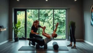 athlete rehabilitation process in a modern clinic setting, featuring a physical therapist guiding a patient through a series of therapeutic exercises using resistance bands and foam rollers, with a window overlooking a lush garden providing natural lighting, creating a calming and restorative atmosphere that reflects the client-centered approach of the rehabilitation process