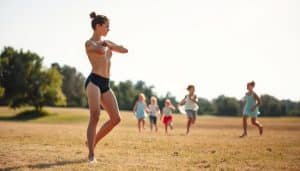 A balanced, athletic figure stands in a sunlit, open field, their muscles toned and limbs gracefully poised. In the foreground, they perform a controlled, flowing movement, showcasing fluid coordination and balance. The middle ground depicts children joyfully engaged in free, unstructured play, their laughter and movement conveying a sense of unbridled freedom. In the background, a tranquil, park-like setting with lush greenery and a clear sky creates a serene, calming atmosphere. The lighting is soft and natural, highlighting the harmony between intensive training and unbridled play. The overall scene radiates a sense of well-rounded physical and mental development.