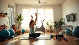 A bright, airy home physical therapy studio with warm, natural lighting streaming in through large windows. In the foreground, a person performing gentle stretches and exercises on a yoga mat, their form focused and serene. Surrounding them, an assortment of resistance bands, exercise balls, and other rehabilitation equipment neatly arranged. In the middle ground, a sleek, minimalist exercise bike and a wall-mounted display showing instructional videos. The background features soothing, pastel-toned walls, lush indoor plants, and a tranquil, calming atmosphere, inviting the viewer to envision their own at-home recovery journey.