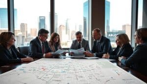A busy city hall building set against a backdrop of the Calgary skyline, with a group of municipal officials gathered around a conference table, deep in discussion. The lighting is warm and inviting, with natural sunlight streaming through the large windows. The officials appear to be reviewing policy documents and charts, their expressions focused and engaged. In the foreground, a city map is prominently displayed, highlighting the various neighborhoods and healthcare facilities within the city. The overall atmosphere conveys a sense of collaborative decision-making and a dedication to shaping the healthcare landscape of Calgary.