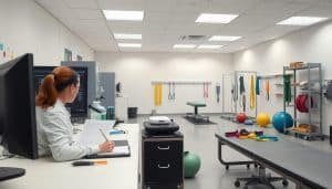 A clinical laboratory setting with an evidence-based sports therapy workflow. In the foreground, a therapist reviews patient records on a computer monitor, while medical equipment and supplies are neatly organized on the counter. The middle ground features a sports rehabilitation area with resistance bands, exercise balls, and other therapeutic tools. The background depicts a serene, well-lit space with modern, minimalist design elements, conveying a sense of professionalism and evidence-based practice. The overall scene is captured with a wide-angle lens, creating a sense of depth and emphasizing the integrated, holistic approach to sports therapy. The lighting is soft and diffused, evoking a calm, focused atmosphere conducive to patient care and recovery.