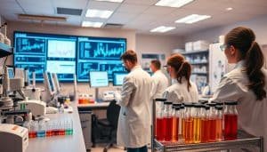 A clinical research laboratory filled with state-of-the-art equipment, a team of scientists in white coats carefully analyzing data on computer screens, and test tubes filled with colorful liquids arranged neatly on metal shelves. The room is bathed in a warm, clinical lighting that casts a soft glow on the various instruments and instruments. The atmosphere is one of focused, methodical investigation, with a sense of scientific rigor and attention to detail. In the background, a large, high-resolution display shows complex graphs and charts, hinting at the depth and breadth of the research being conducted. The overall scene conveys a sense of scientific progress and the pursuit of new medical insights.
