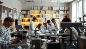 A clinical research laboratory with an array of scientific equipment and instruments. In the foreground, researchers in white lab coats and safety goggles examine samples under high-powered microscopes. In the middle ground, a team collaborates around a table reviewing data and medical charts. In the background, shelves of medical literature and reference materials line the walls, illuminated by warm, focused lighting. The scene conveys a sense of diligent, evidence-based practice in the pursuit of advancing medical knowledge and improving patient outcomes.