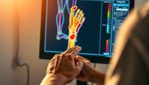 A close-up view of a sports therapist's hands conducting a motion analysis on a patient's limb, displayed on a high-resolution computer screen. The screen shows a detailed 3D model of the limb's movement patterns, highlighted with vibrant color-coded visualizations. The scene is bathed in warm, directional lighting, casting subtle shadows that emphasize the depth and texture of the equipment. The background is blurred, keeping the focus on the analysis display and the therapist's hands, conveying a sense of precision and expertise in the field of movement variability assessment.