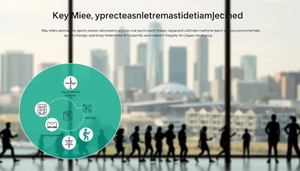 A detailed illustration of the key factors determining optimal sports therapy session frequency for Calgary residents, depicted in a clean, minimalist style. In the foreground, a concentric arrangement of icons representing factors such as injury severity, recovery progress, and individual needs. In the middle ground, a group of diverse silhouetted figures engaged in various physical activities, highlighting the diverse population. The background features a soft, blurred urban landscape of Calgary's skyline, conveying the local context. The lighting is soft and natural, with a calm, serene atmosphere to create a sense of thoughtful contemplation.