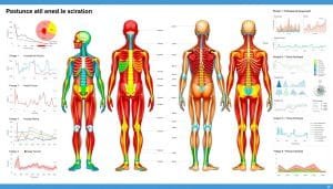 A detailed medical diagram showcasing the science behind postural assessment. Set against a clean, white background, the image features a central, anatomically accurate human figure in various views - frontal, side, and rear. Highlighted with vibrant colors are the key musculoskeletal structures, joints, and spinal alignment that are analyzed during a postural evaluation. Surrounding the central figure are complementary diagrams, graphs, and visualizations that illustrate the biomechanical principles, postural measurement techniques, and data analysis methods utilized by expert therapists. The overall composition conveys a sense of clinical precision and evidence-based practice, ideal for educating readers on the scientific foundations of postural assessment.